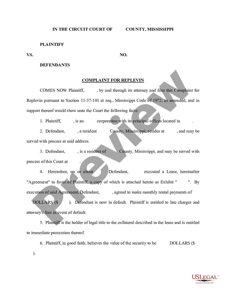 page 0 Complaint for Replevin or Repossession preview