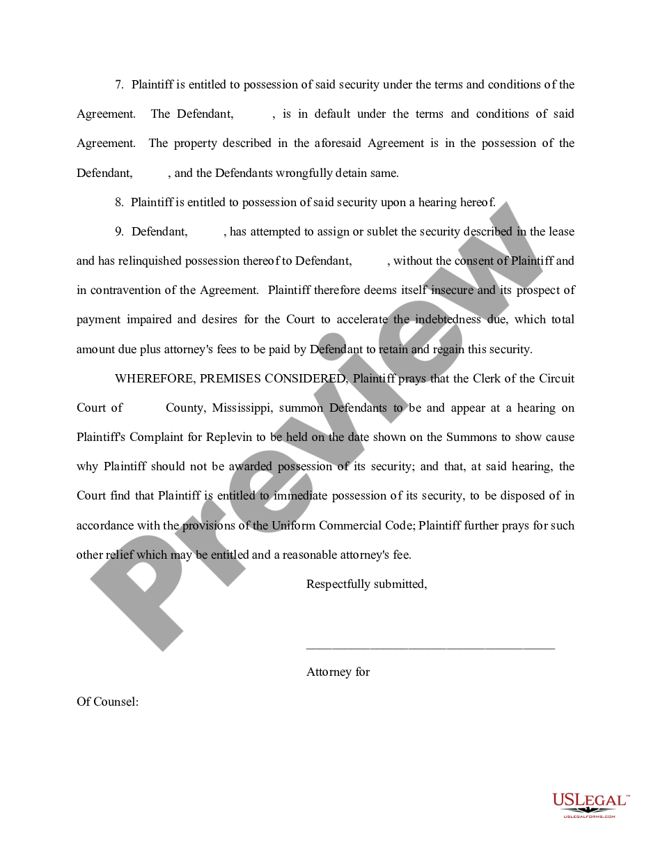 page 1 Complaint for Replevin or Repossession preview