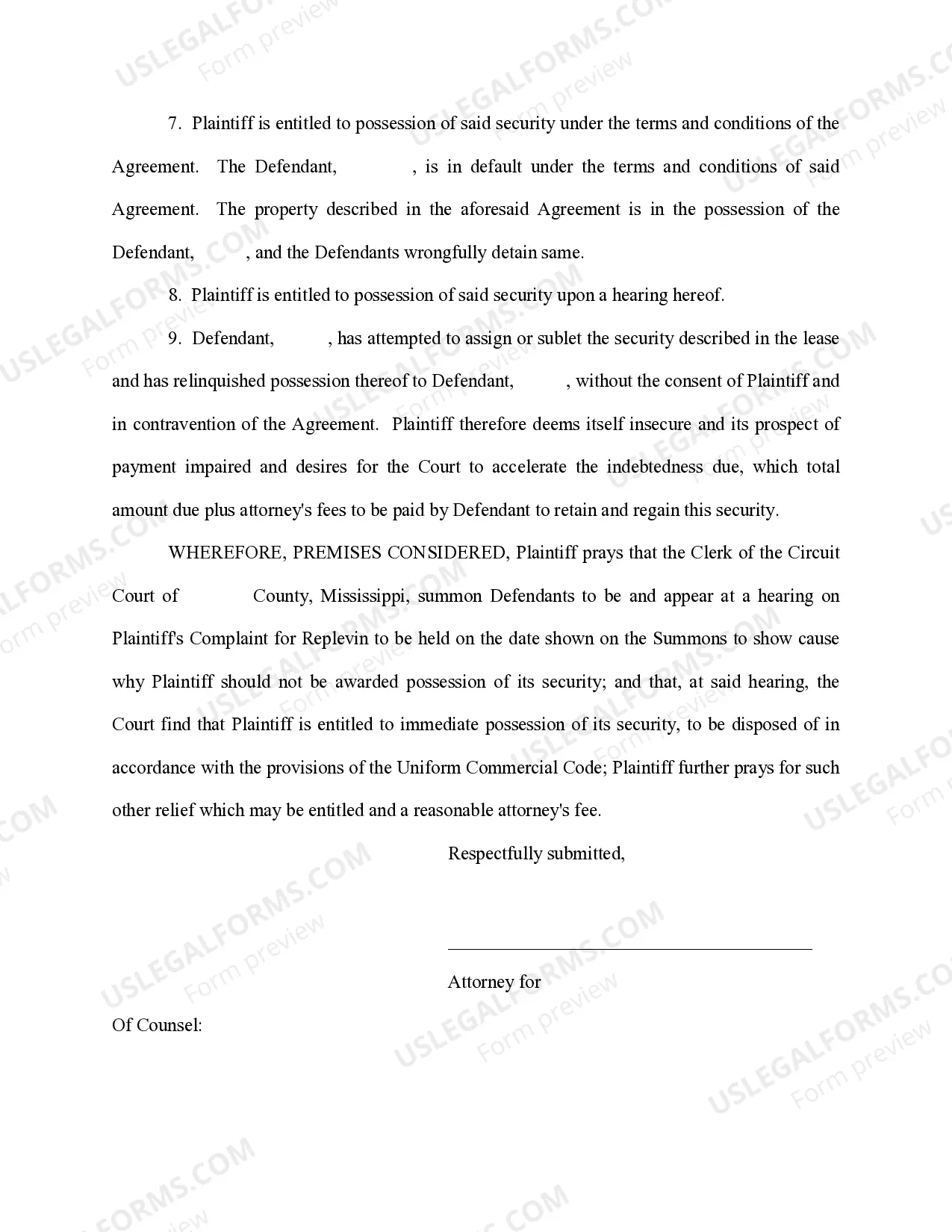 Preview Complaint for Replevin or Repossession