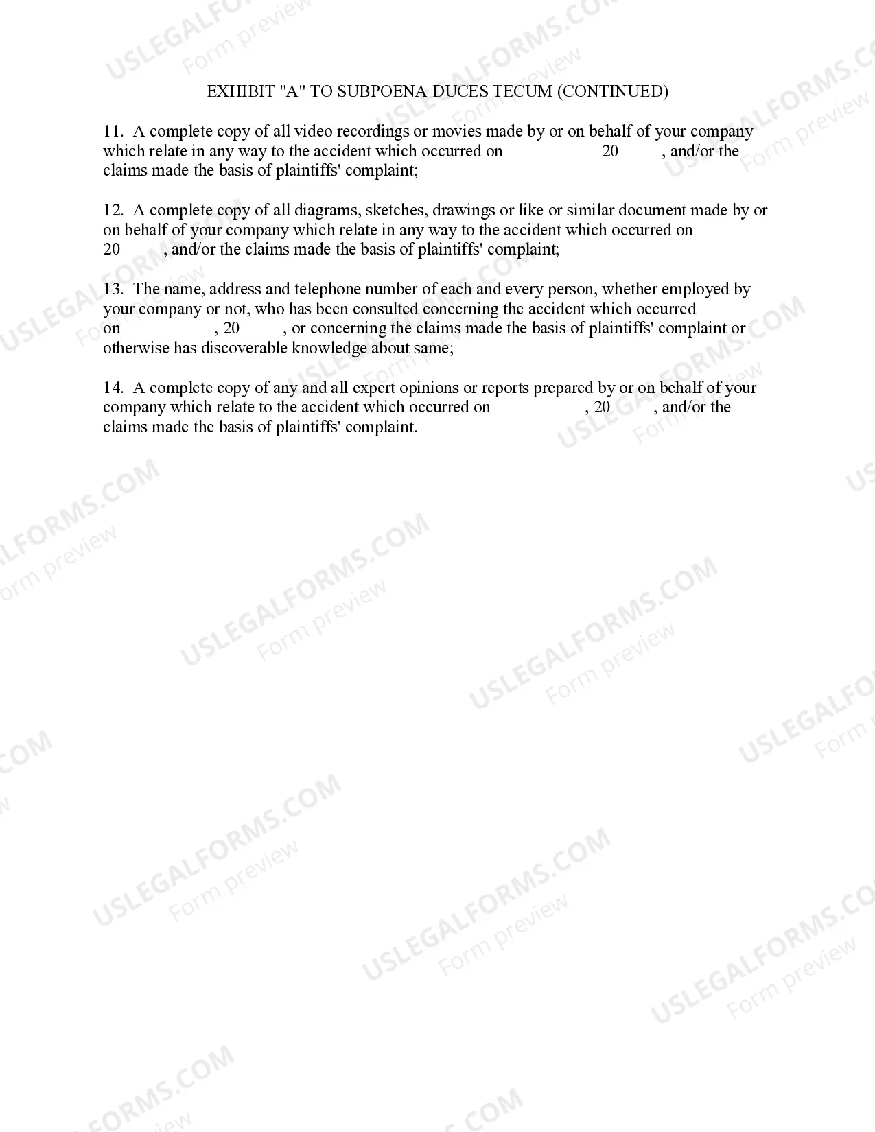 Preview Exhibit "A" to Subpoena Duces Tecum