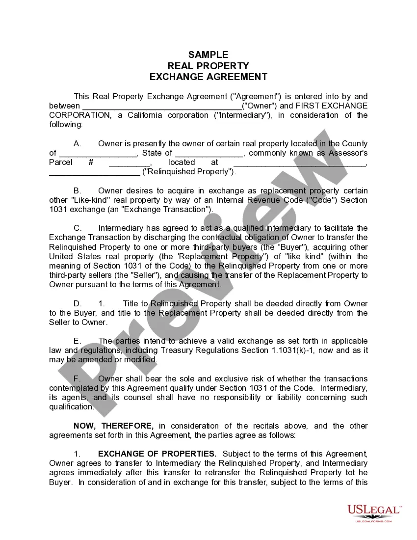 Preview Sample Real Property Exchange Agreement
