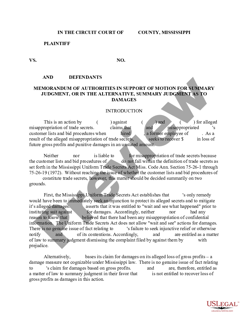 Mississippi Memo in Support of Motion for Summary Judgment | US Legal Forms