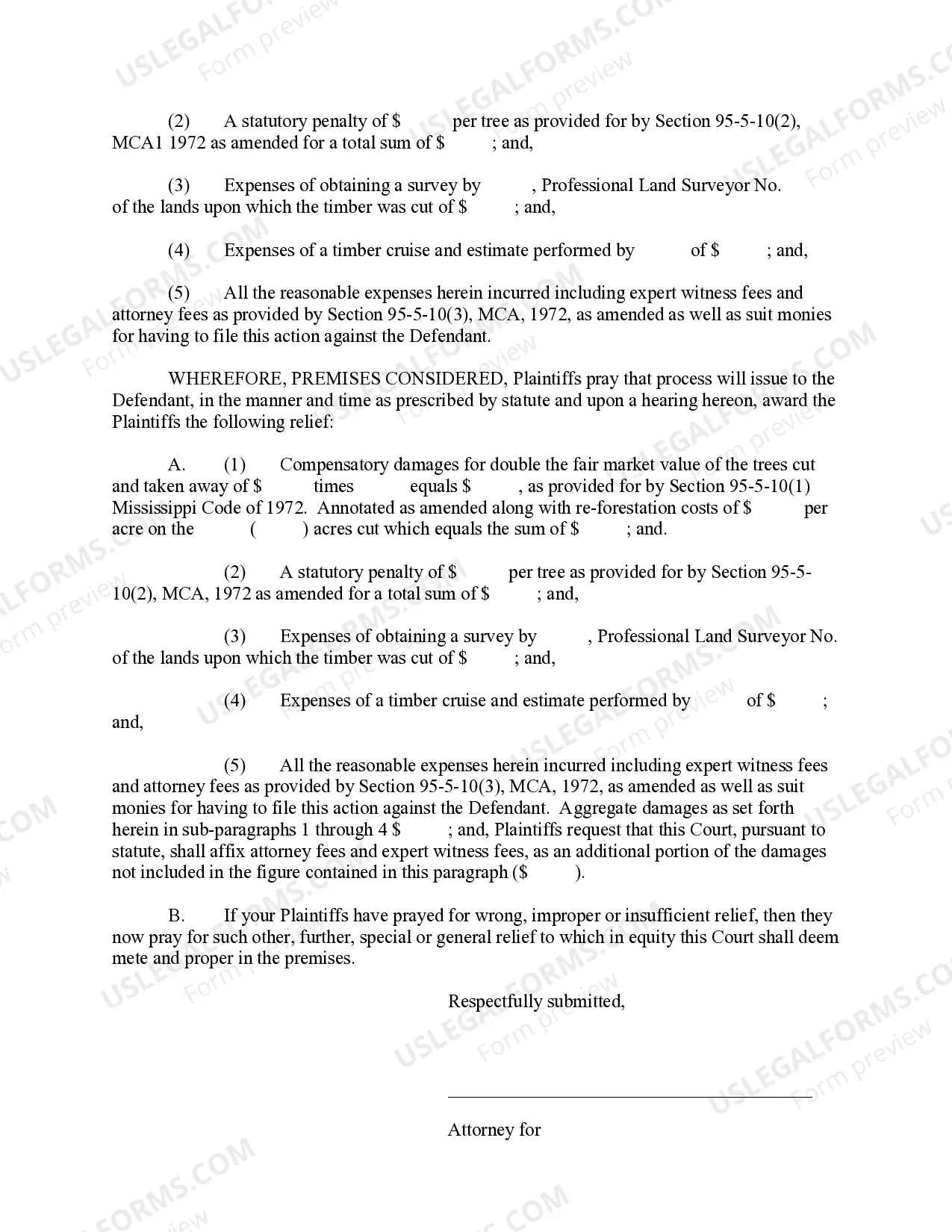Preview Complaint for Trespass and Damages for Unlawfully Cutting and Removing Trees