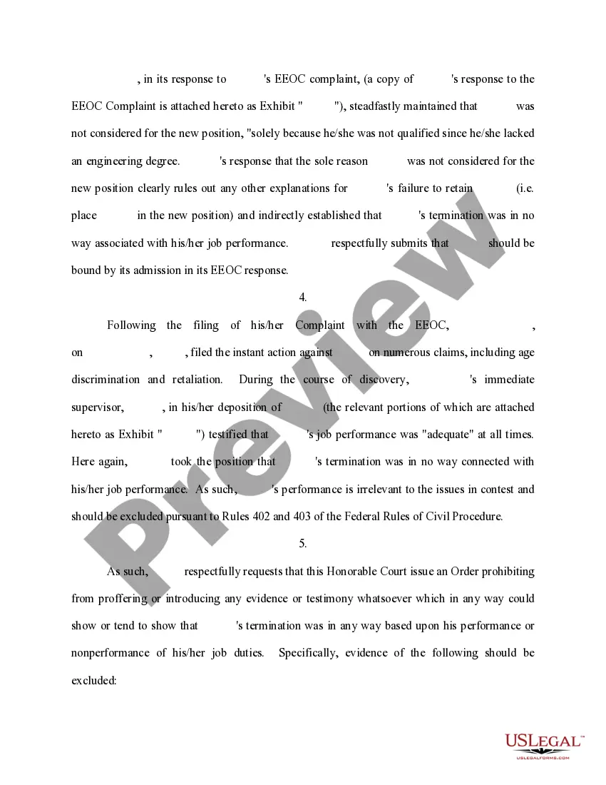 Preview Motion in Limine to Prohibit Evidence on the Issue of Performance, Productivity and or Efficiency