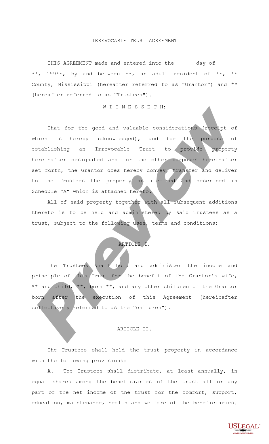 page 0 Irrevocable Trust Agreement preview