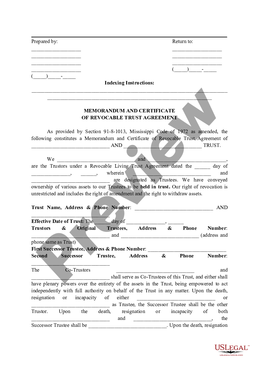 Mississippi Memorandum and Certificate of Revocable Trust Agreement ...