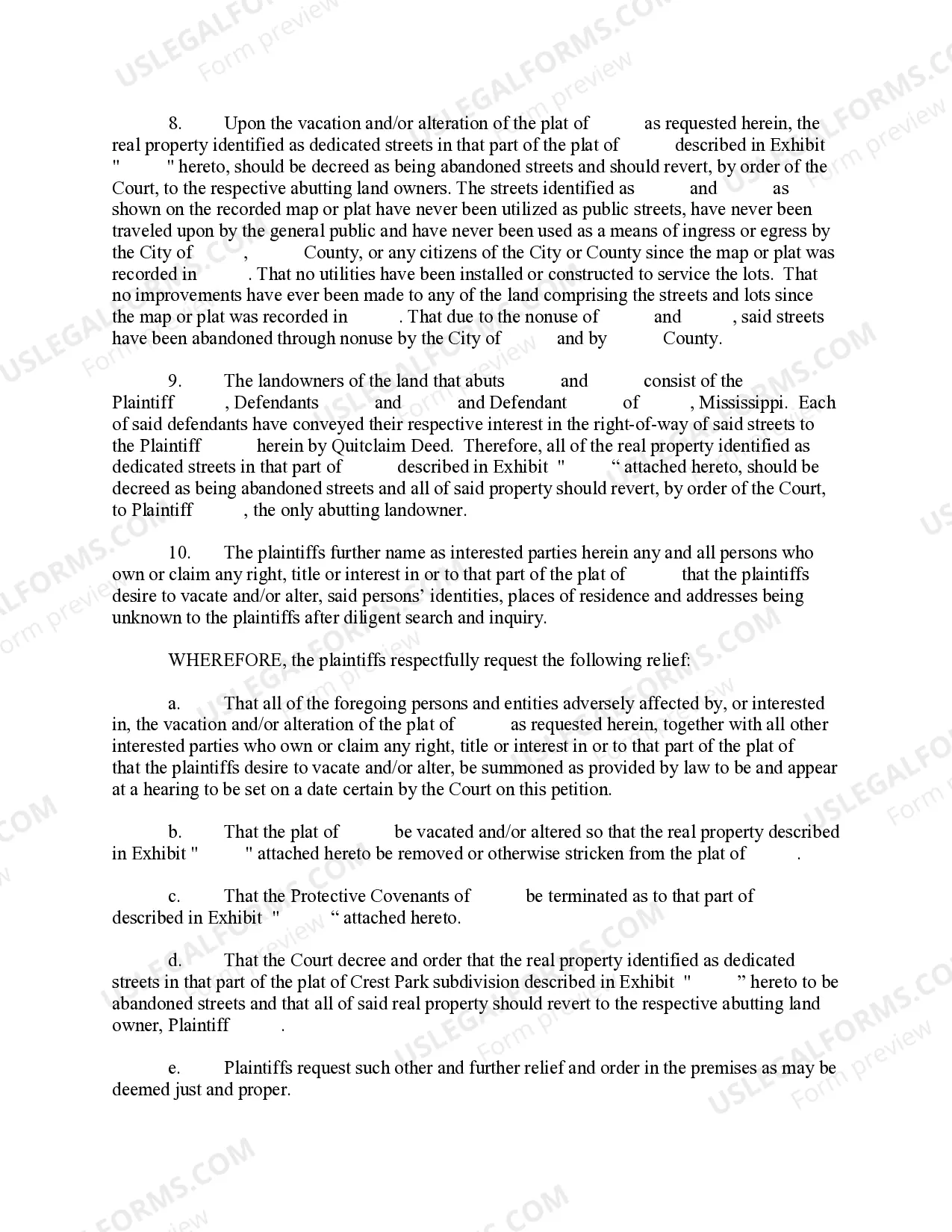 Preview Complaint to Vacate and / or Alter a Recorded Plat and for other Relief