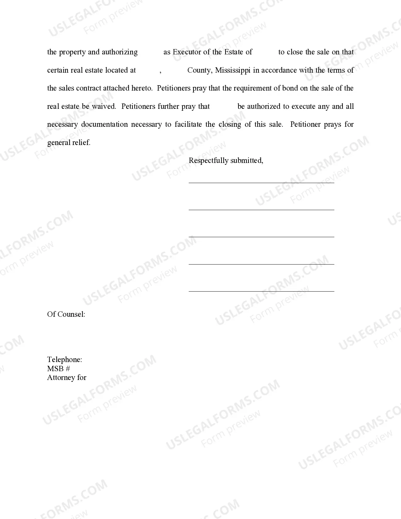 Preview Petition for Authority to Close Sale