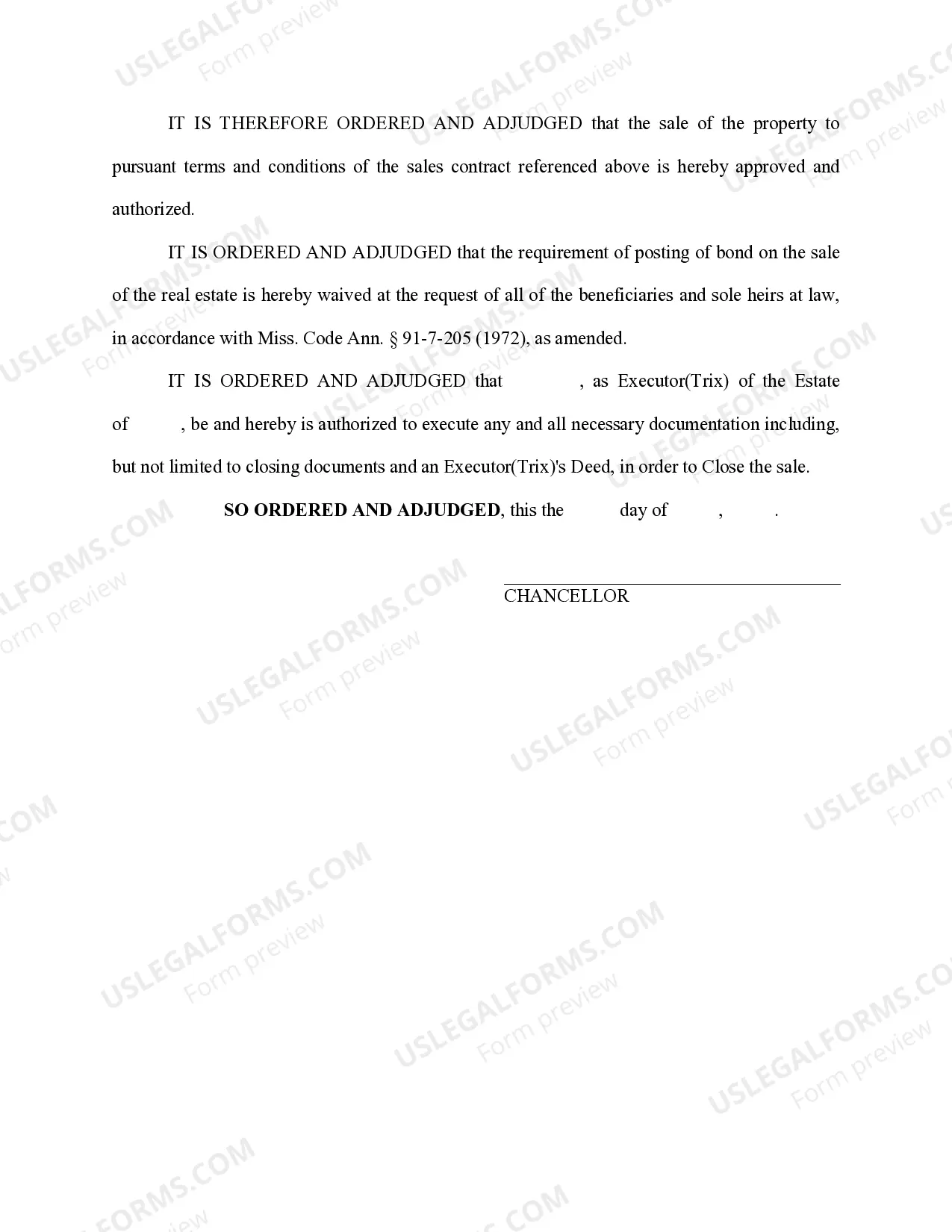 Preview Order Authorizing to Close Sale