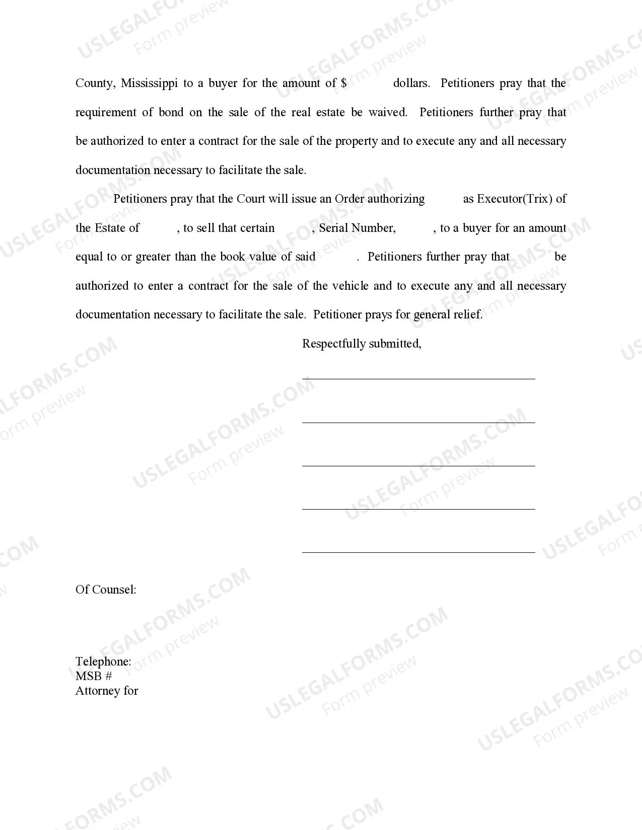 Preview Petition for Authority to Sell Real Estate and Automobile
