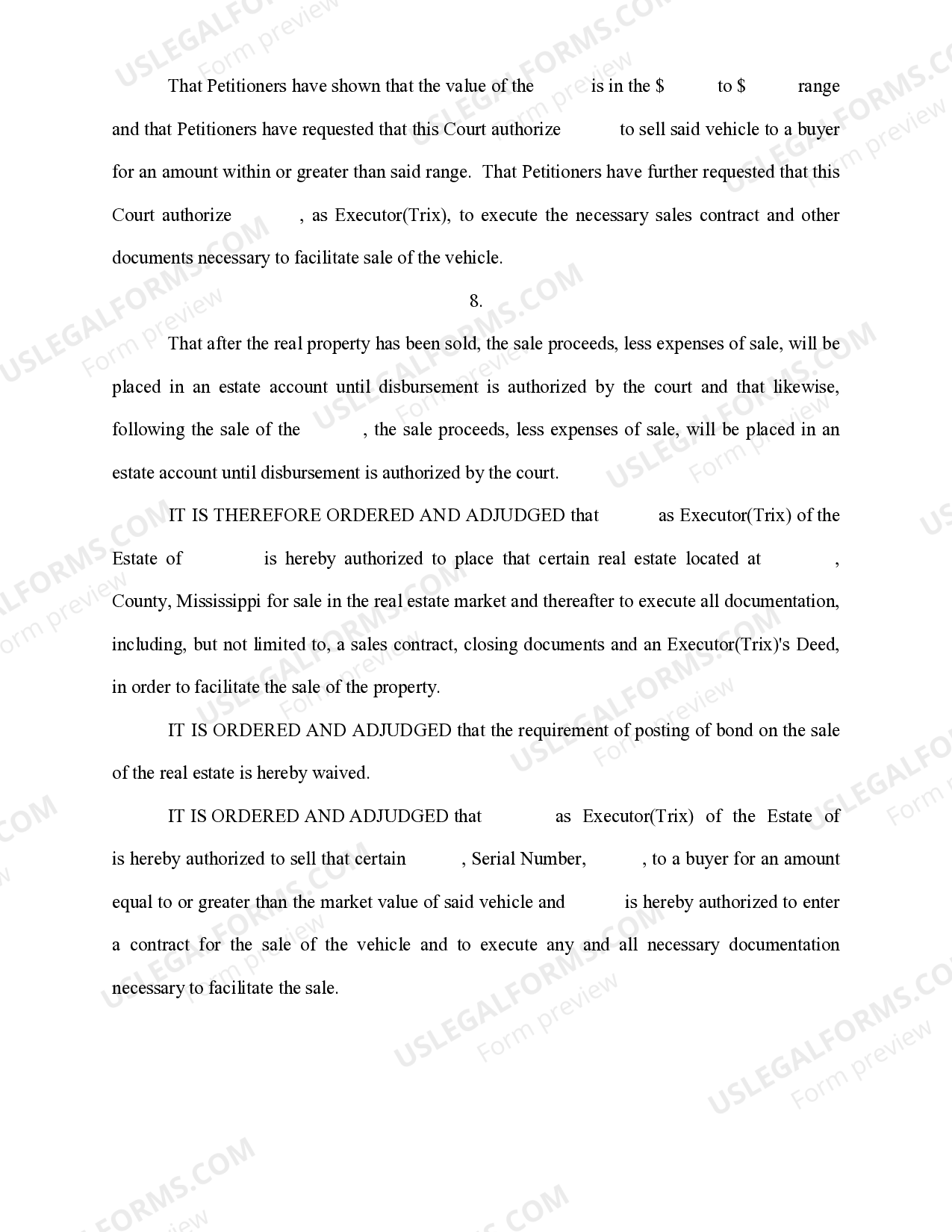 Mississippi Order Granting Authority to Sell Real Estate and Automobile
