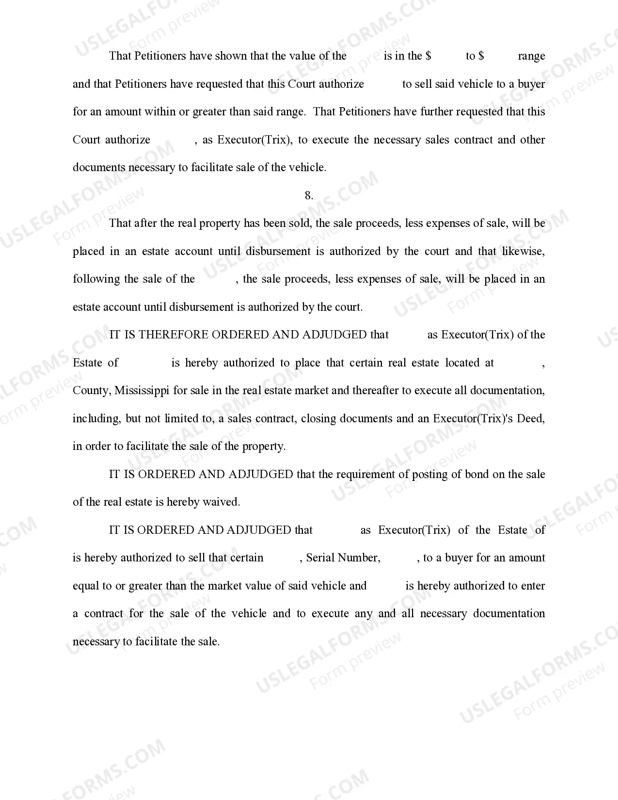 Preview Order Granting Authority to Sell Real Estate and Automobile