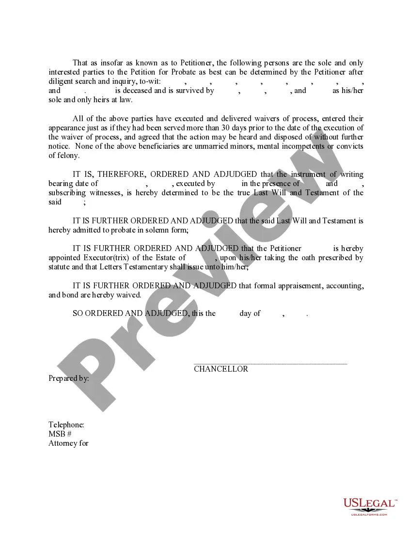 Get Judgment on Petition to Probate Will in Solemn Form and Appoint Executrix Preview Judgment on Petition to Probate Will in Solemn Form and Appoint Executrix