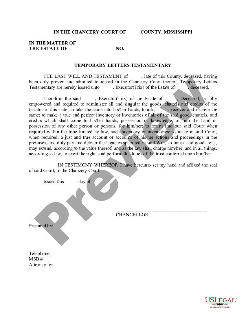 Mississippi Temporary Letters Testamentary Letters Testamentary Form Us Legal Forms 6743