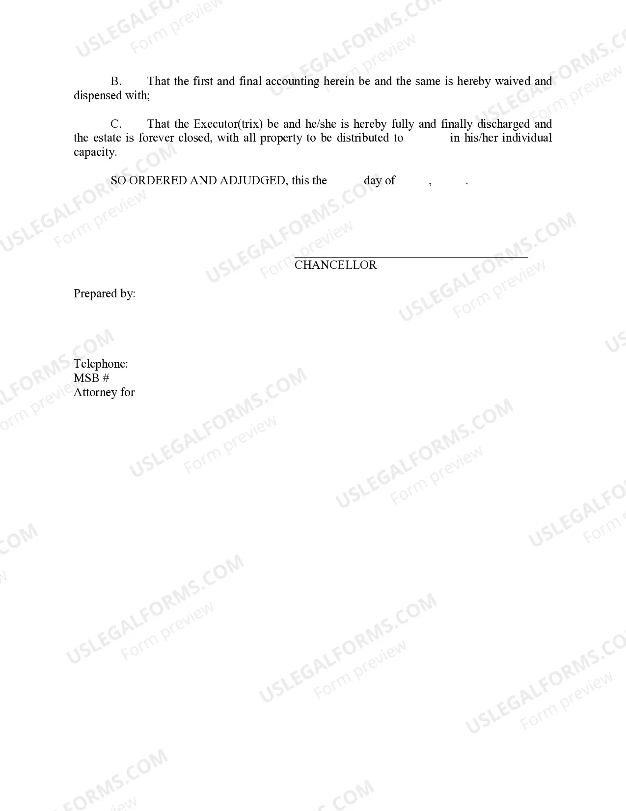 Preview Judgment Waiving First and Final Accounting, Discharging Executrix and Closing Estate