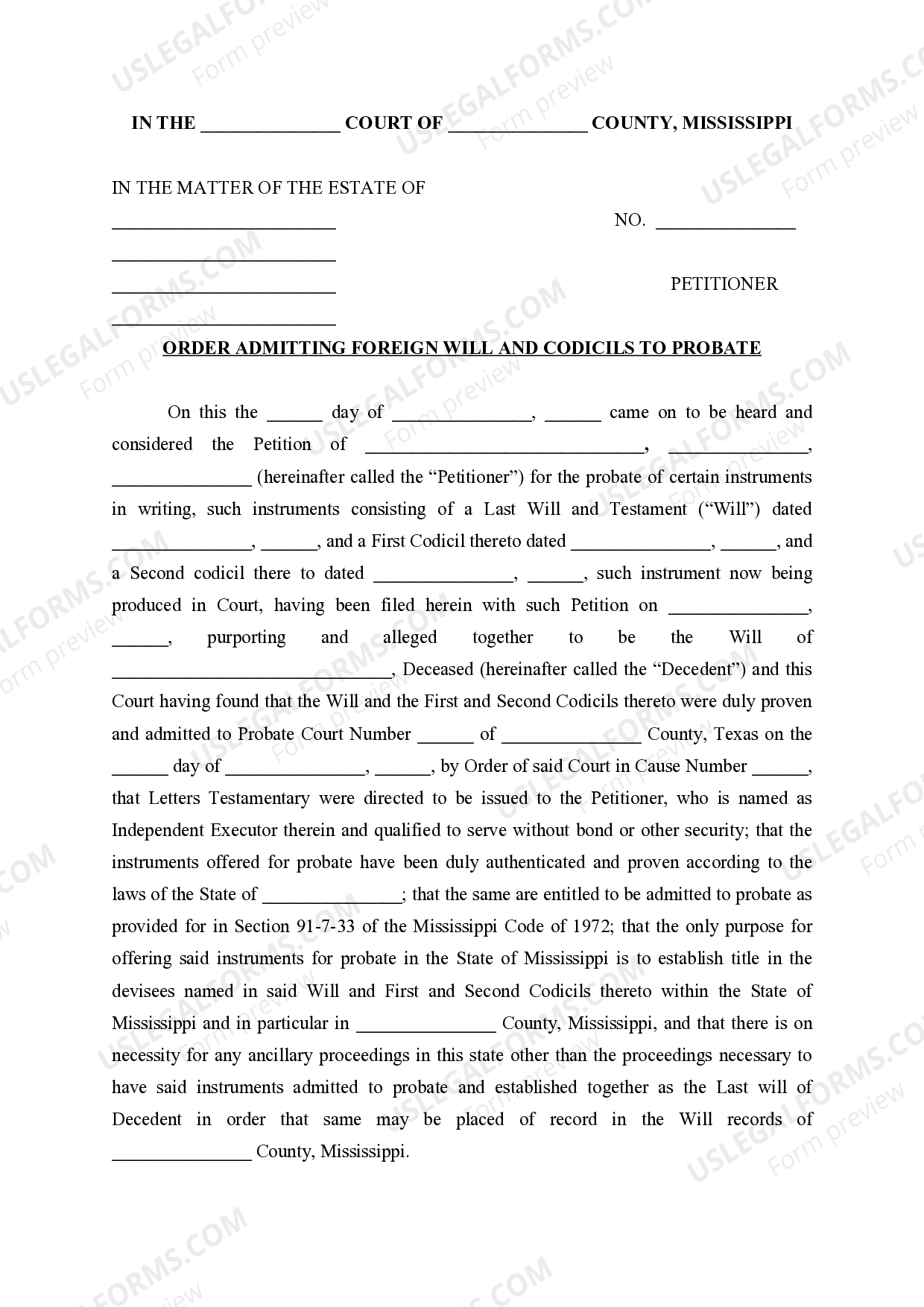 Mississippi Order Admitting Foreign Will and Codicils to Probate US