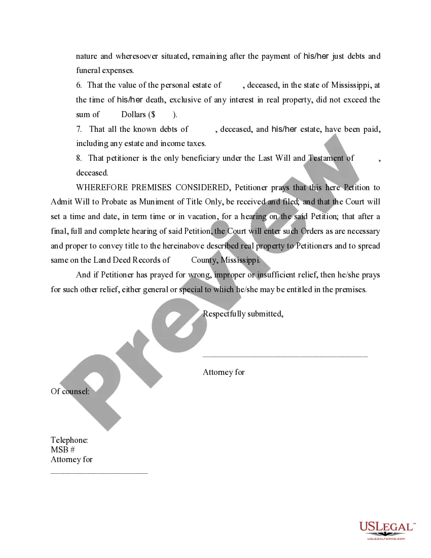 Get Petition to Admit Will to Probate as Muniment of Title Only Preview Petition to Admit Will to Probate as Muniment of Title Only