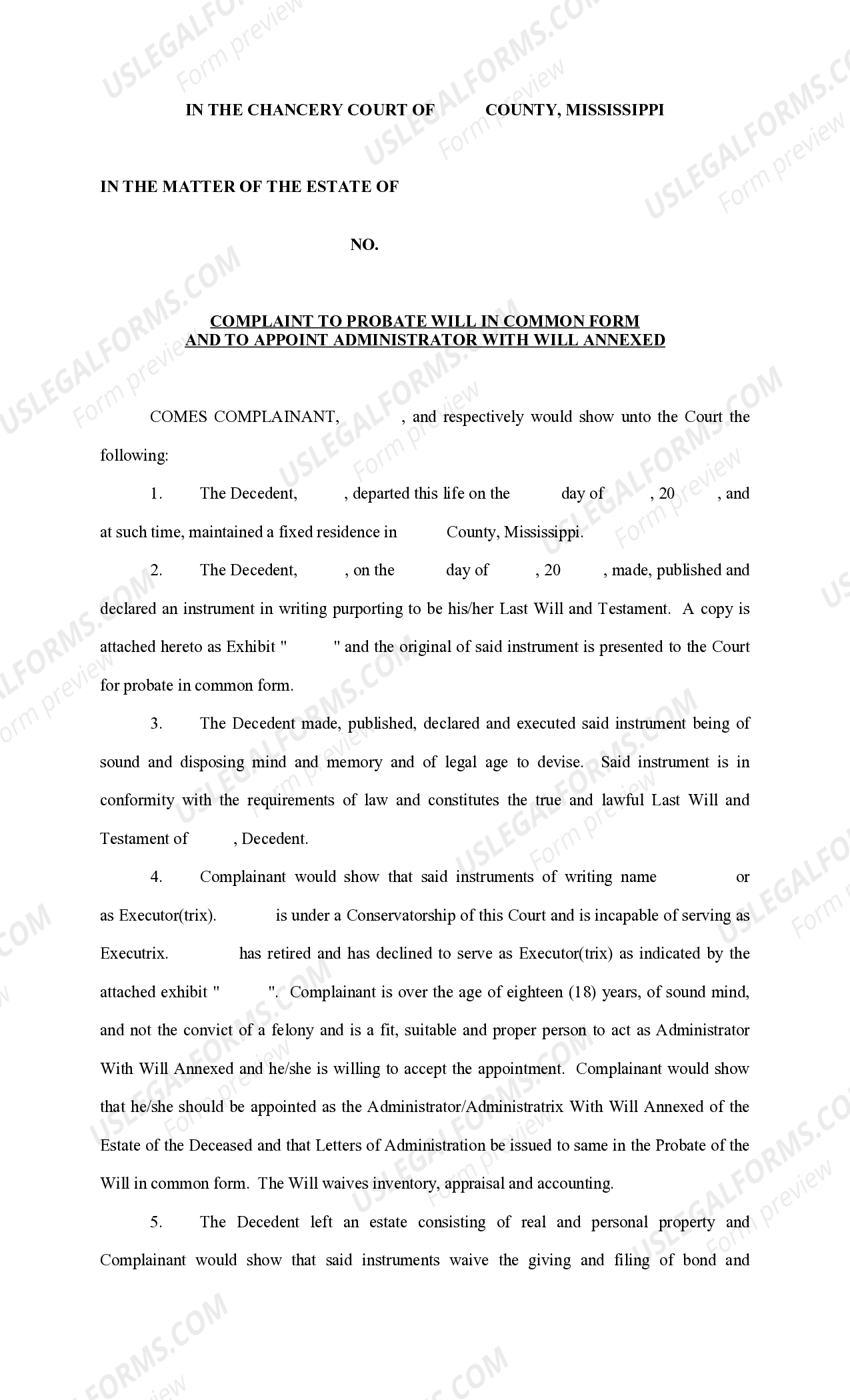 Mississippi Complaint To Probate Will In Common Form And Appoint Administrator With Will Annexed 