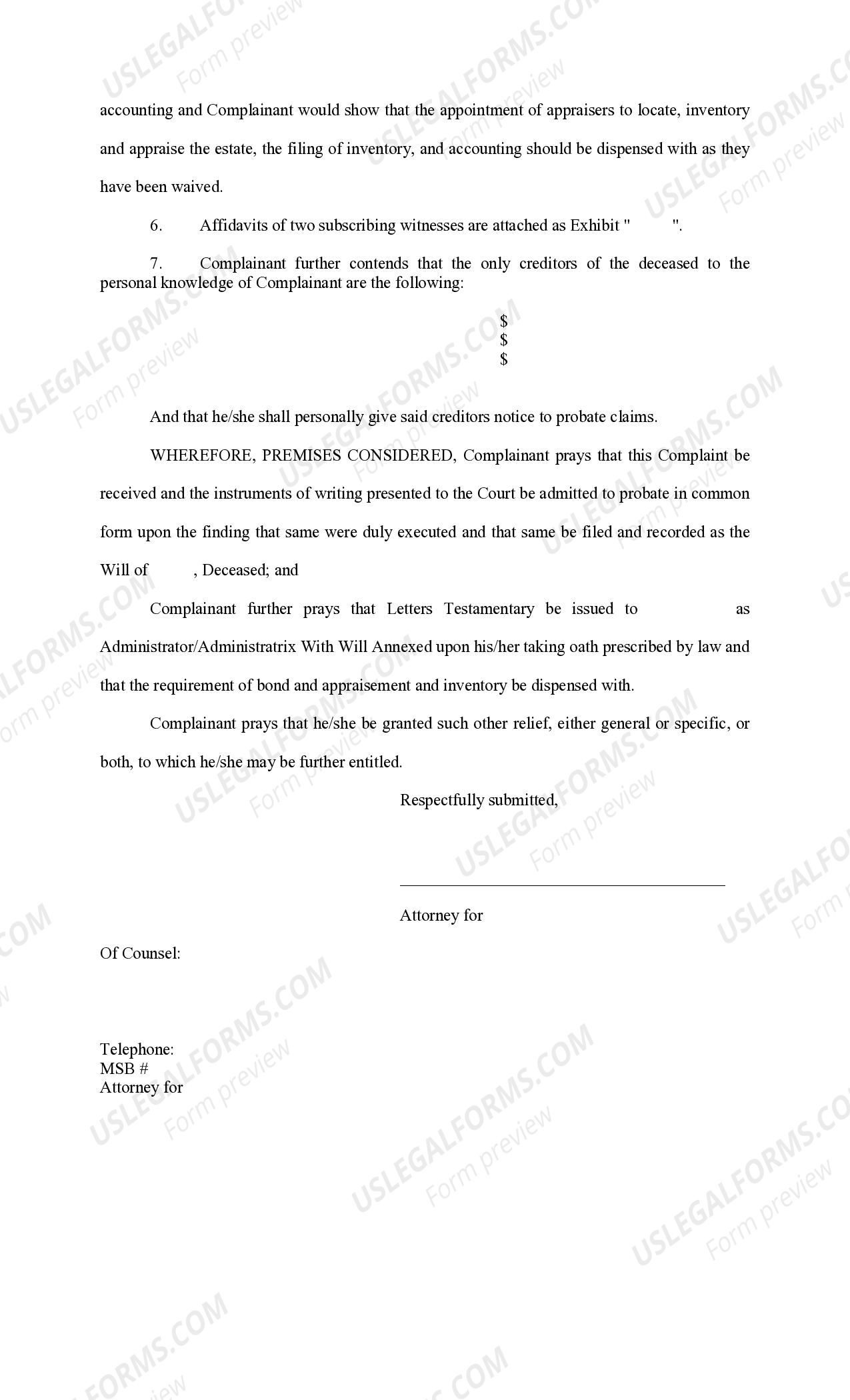 Mississippi Complaint To Probate Will In Common Form And Appoint Administrator With Will Annexed 