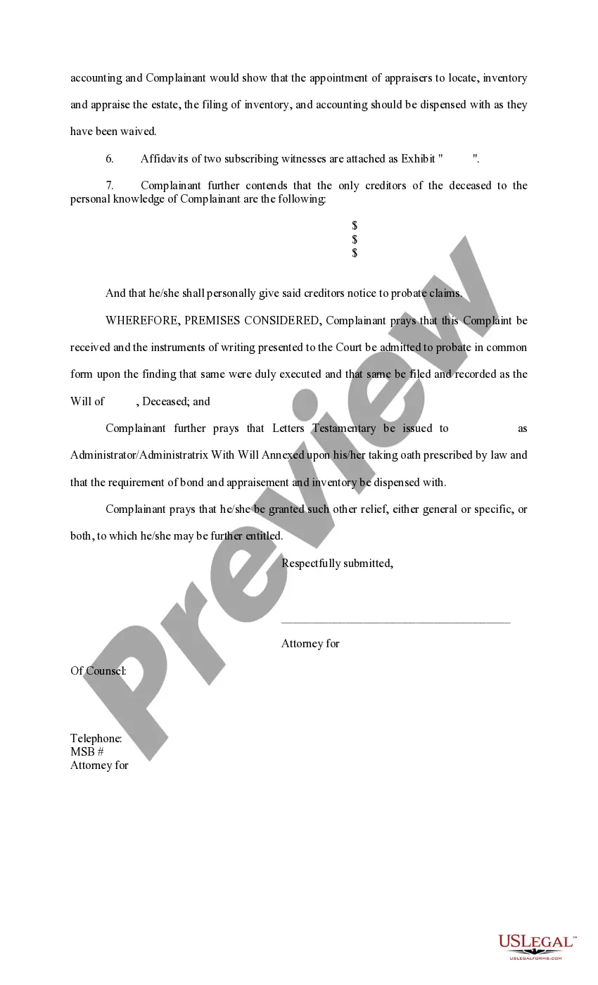 Preview Complaint to Probate Will in Common Form and Appoint Administrator With Will Annexed