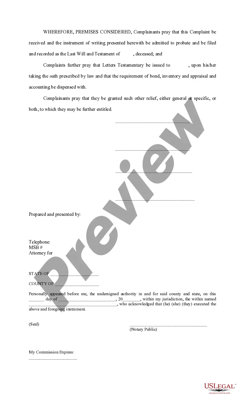 Get Complaint to Probate Will and Appoint Executor Preview Complaint to Probate Will and Appoint Executor