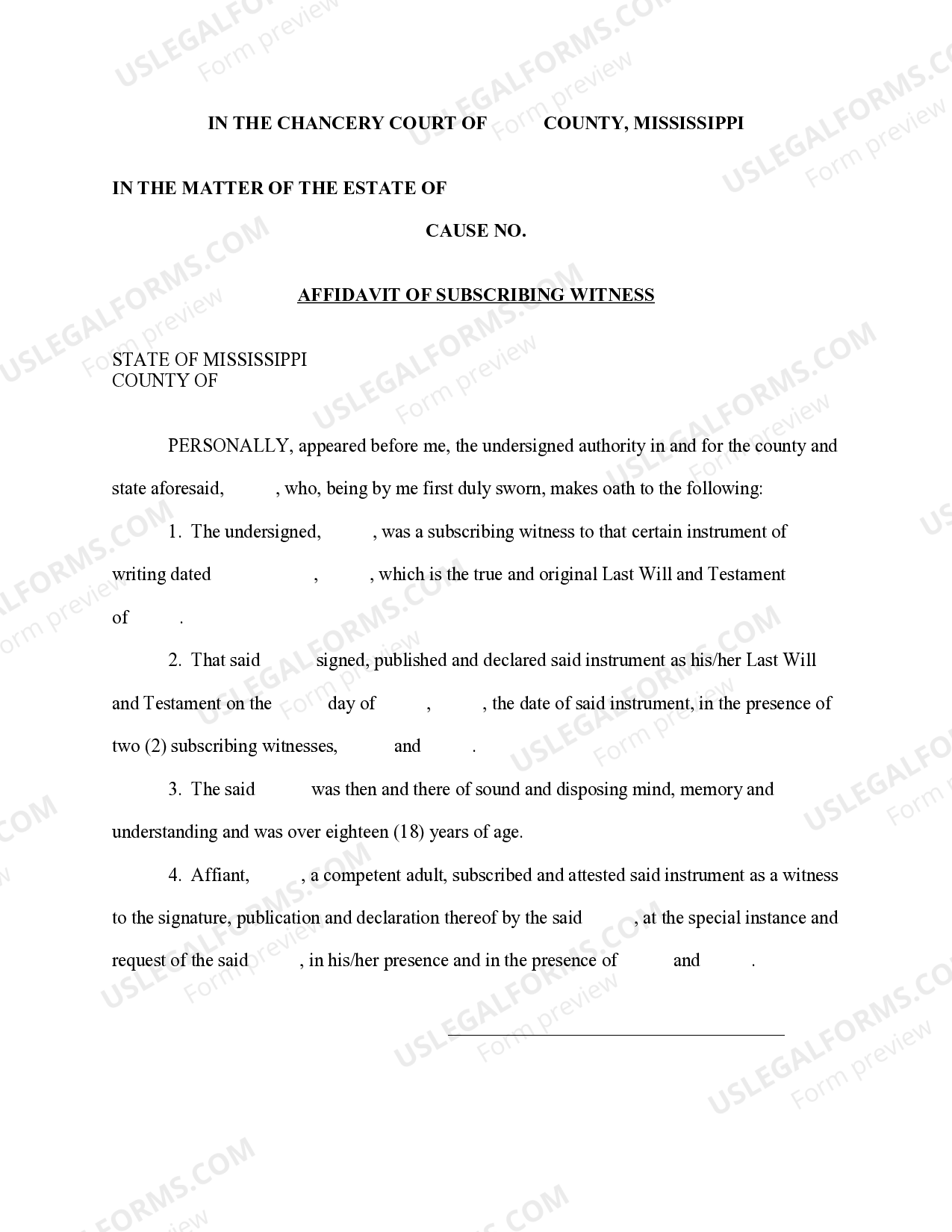 Mississippi Affidavit of Subscribing Witness - Subscribing Witness | US ...