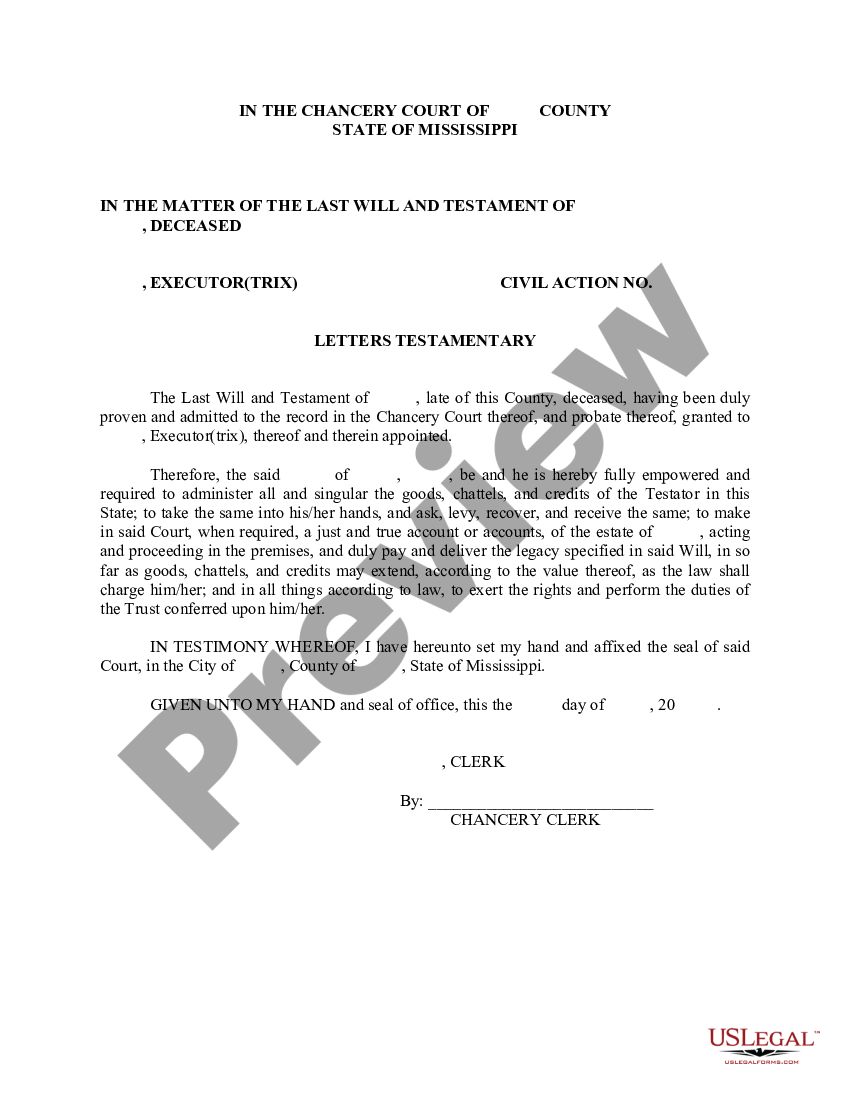 Mississippi Letters Testamentary Letter Of Testamentary Mississippi Us Legal Forms 2436