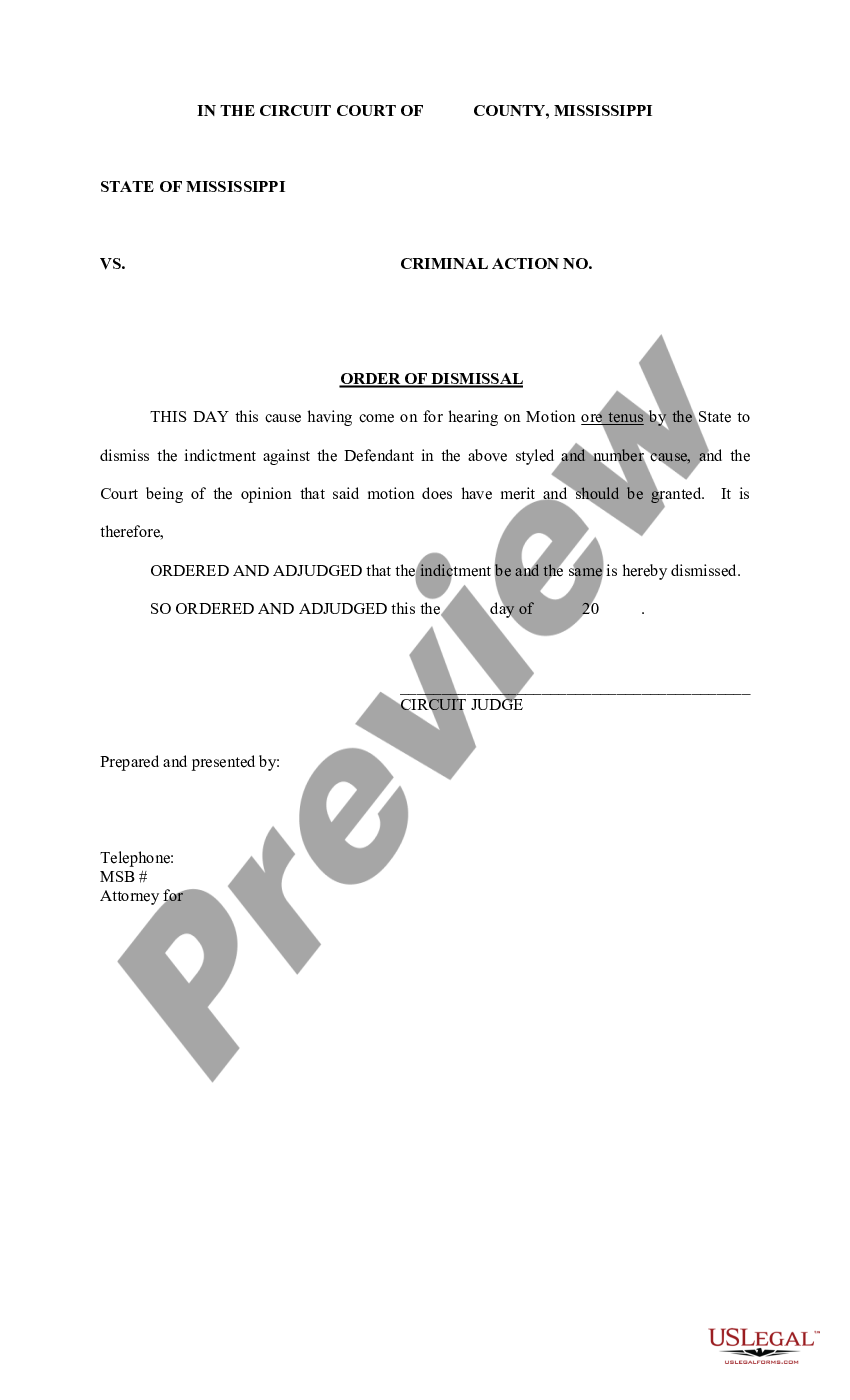Mississippi Order Of Dismissal Us Legal Forms 9357