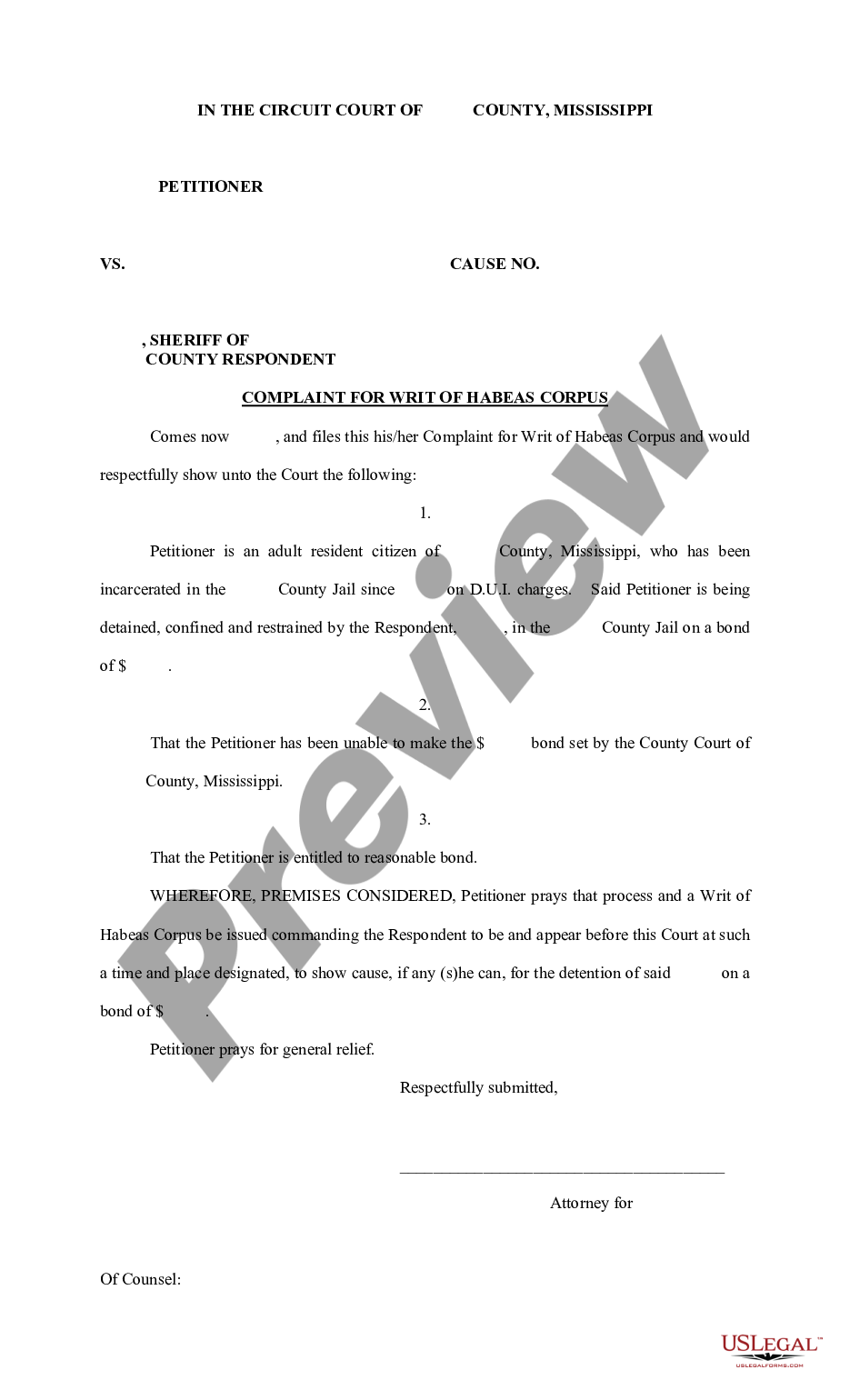 page 0 Complaint for Writ of Habeas Corpus preview