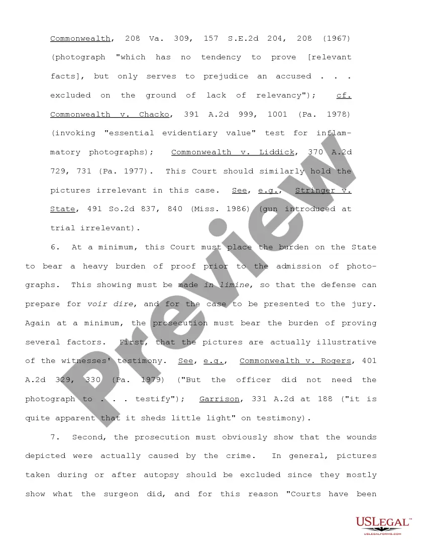 Preview Motion to Preclude Admission of Gruesome and Highly Prejudicial Color Photographs of Deceased