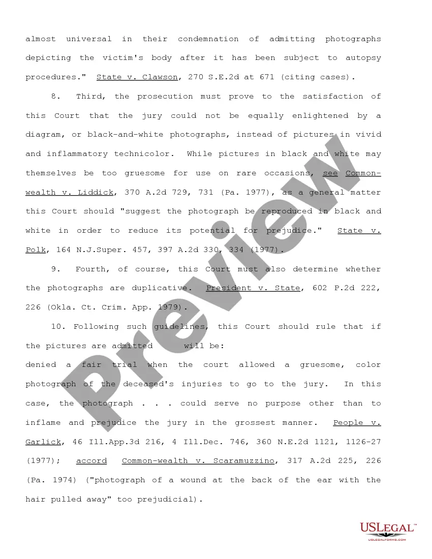 Preview Motion to Preclude Admission of Gruesome and Highly Prejudicial Color Photographs of Deceased