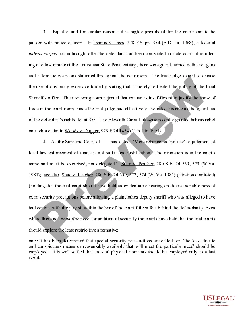 Get Motion to Preclude the Sheriff's Department from Bringing Defendant Into Court in Shackles, and to Limit Number of Uniformed Officers in Courtroom Preview Motion to Preclude the Sheriff's Department from Bringing Defendant Into Court in Shackles, and to Limit Number of Uniformed Officers in Courtroom
