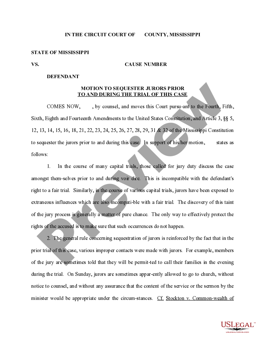 Mississippi Motion to Sequester Jurors Prior to and During the Trial of