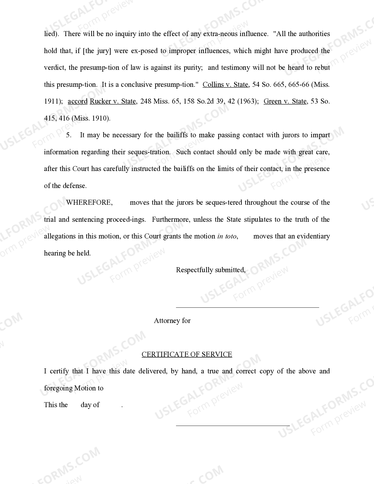 Mississippi Motion to Sequester Jurors Prior to and During the Trial of