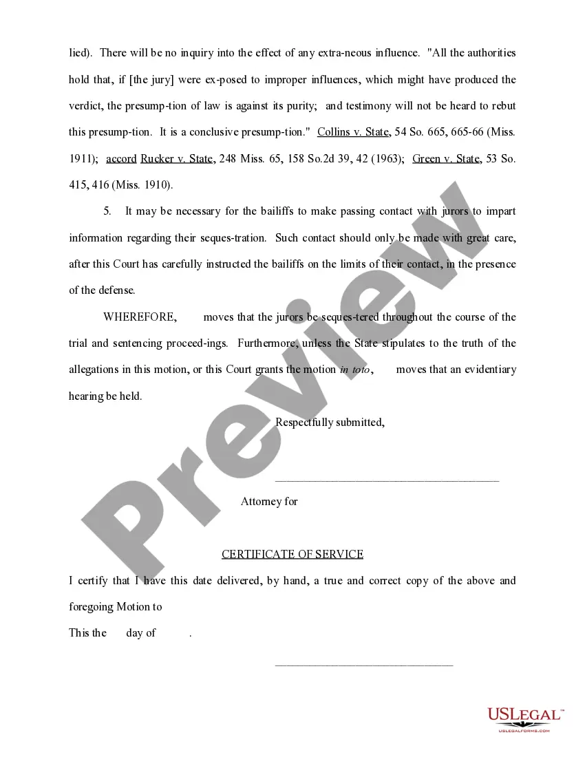 Preview Motion to Sequester Jurors Prior to and During the Trial of this Case