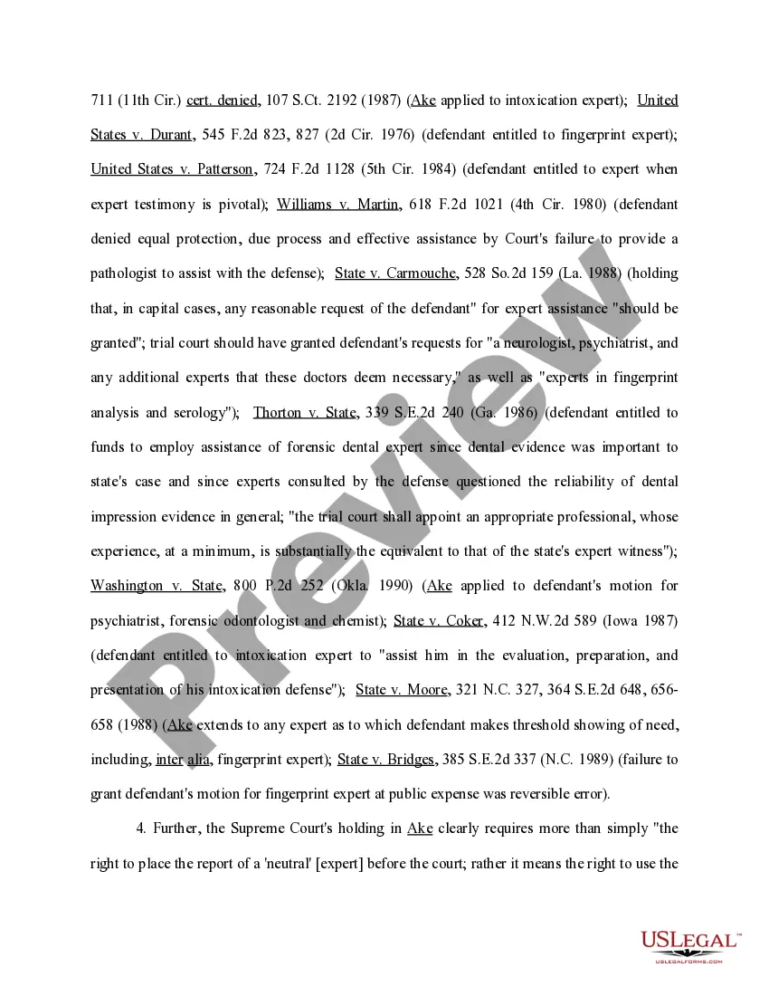 Preview Ex Parte Motion for Funds for Expert Assistance in the Fields of Psychiatry - Psychology and Mitigation Investigation