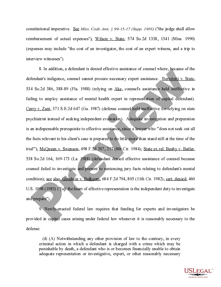 Preview Ex Parte Motion for Funds for Expert Assistance in the Fields of Psychiatry - Psychology and Mitigation Investigation