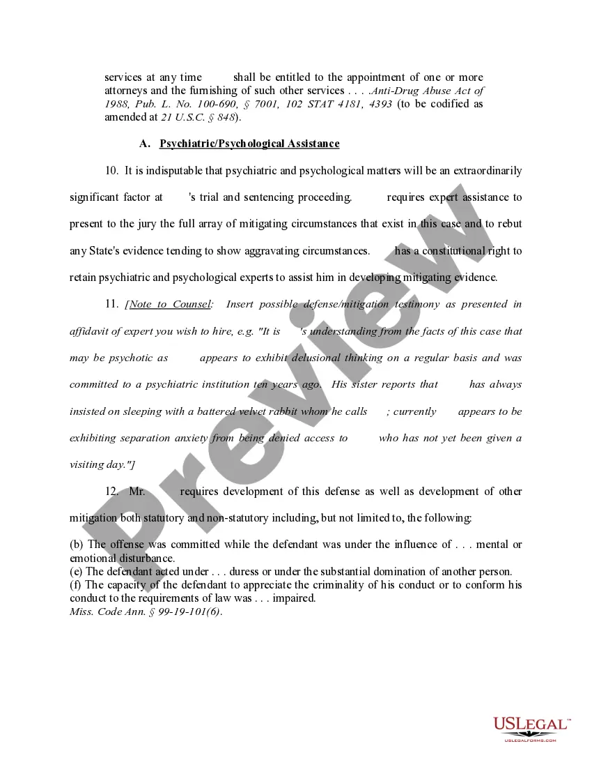 Preview Ex Parte Motion for Funds for Expert Assistance in the Fields of Psychiatry - Psychology and Mitigation Investigation