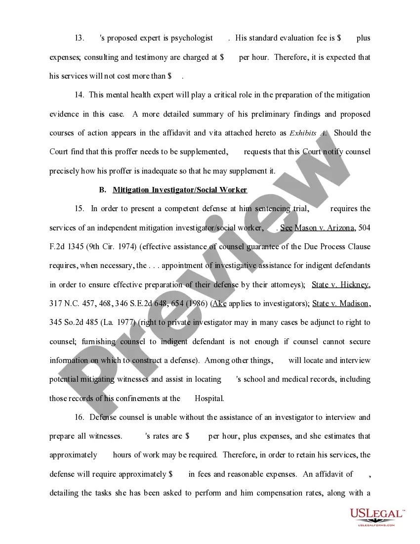 Preview Ex Parte Motion for Funds for Expert Assistance in the Fields of Psychiatry - Psychology and Mitigation Investigation