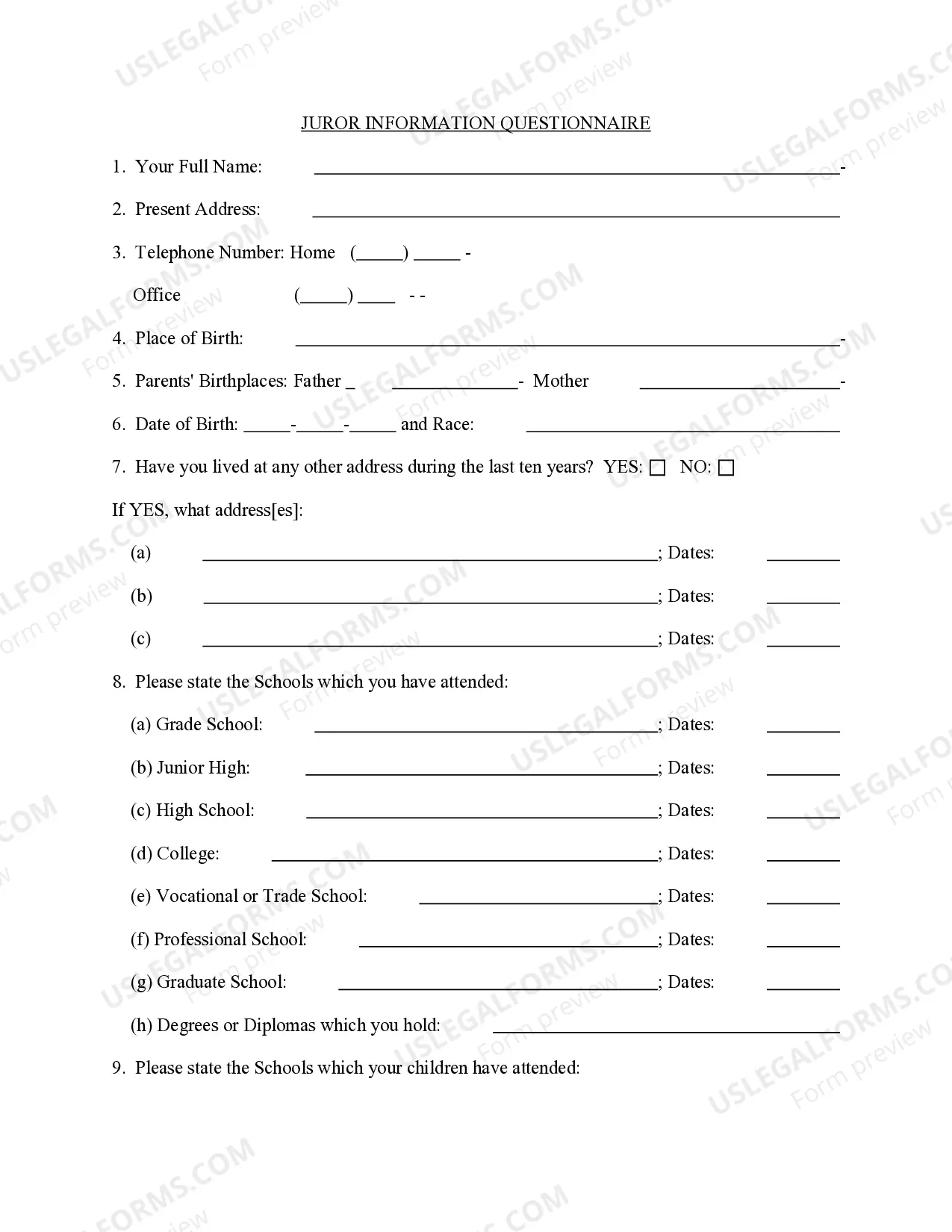 Preview Important Juror Questionnaire