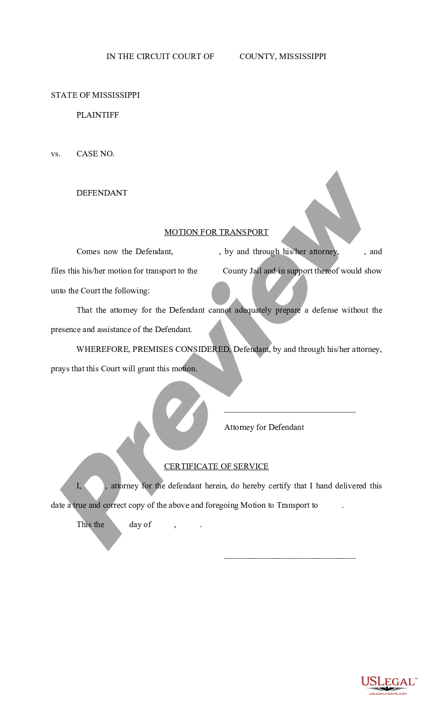 Mississippi Motion for Transport | US Legal Forms