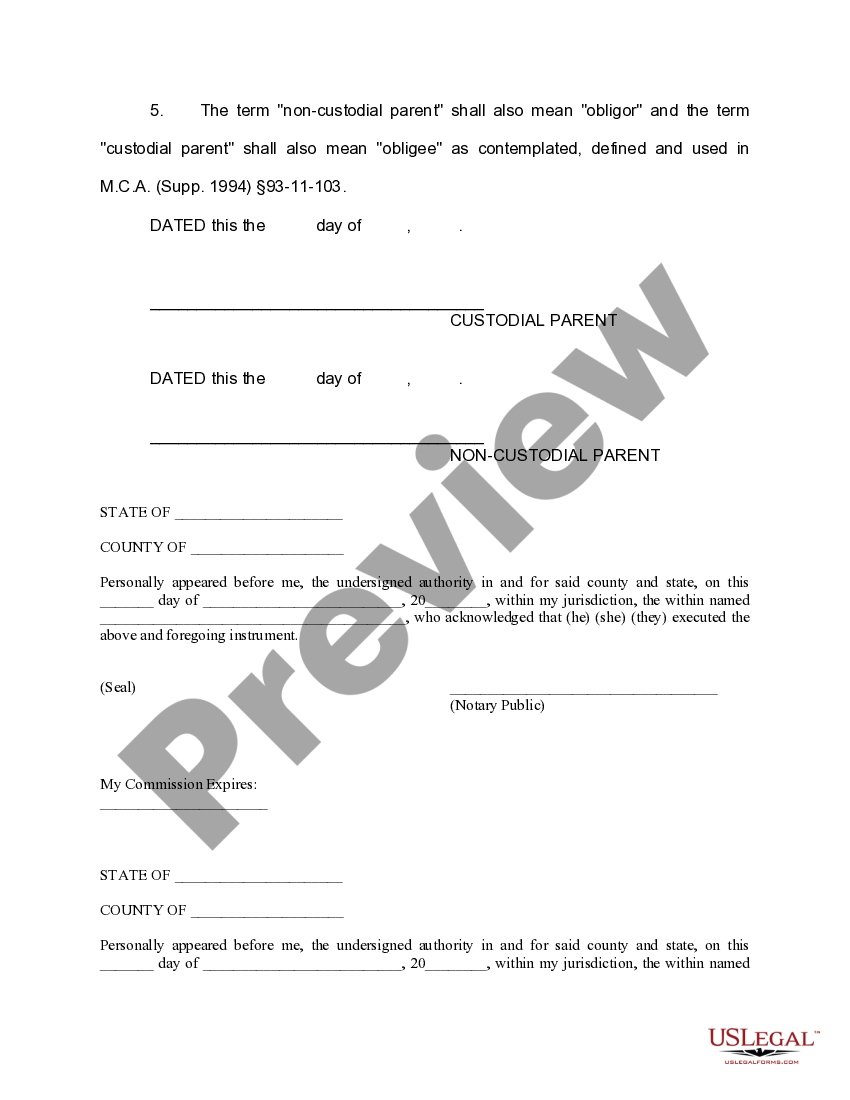 Mississippi Alternative Child Support Payment Agreement in Lieu of
