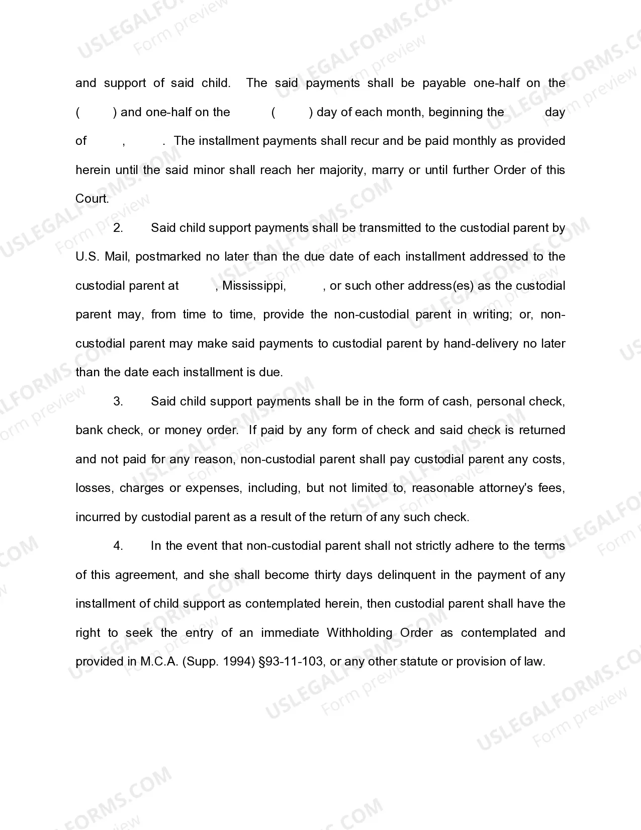 Preview Alternative Child Support Payment Agreement in Lieu of Withholding Order