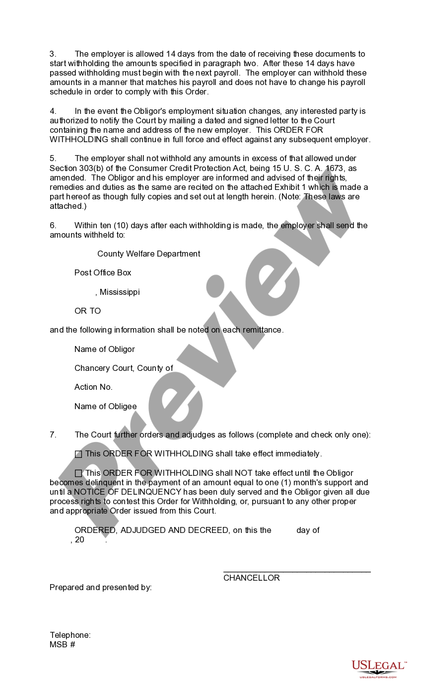 Mississippi Order for Withholding US Legal Forms