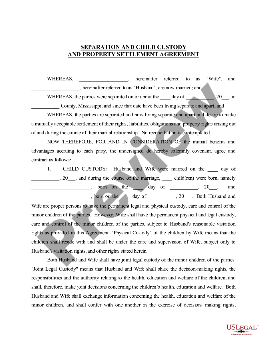 page 0 Separation and Child Custody and Property Settlement Agreement - Children preview