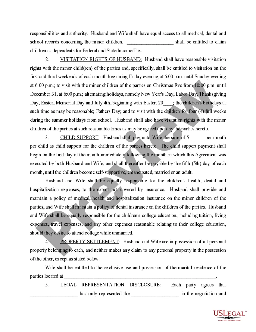 Preview Separation and Child Custody and Property Settlement Agreement - Children