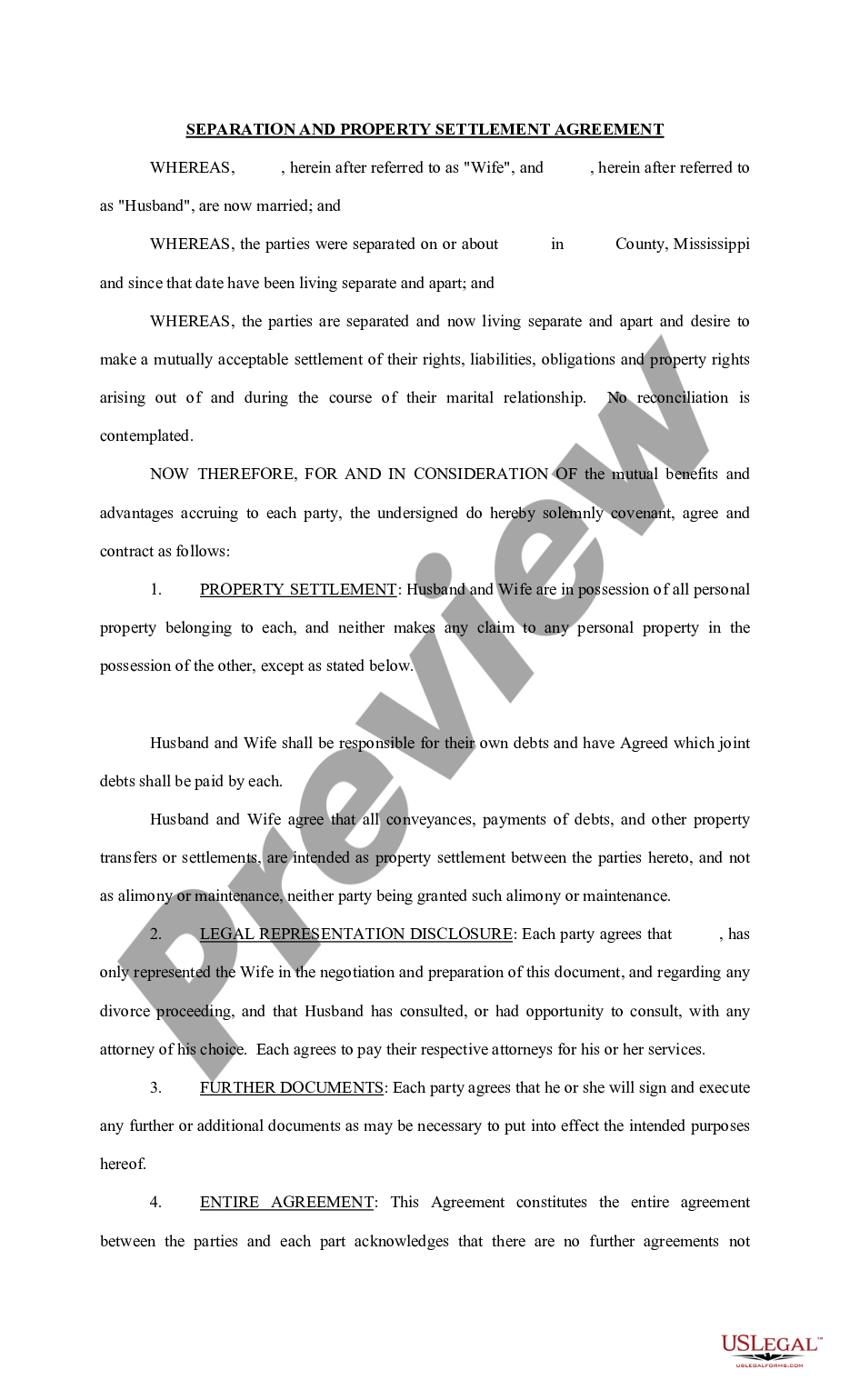page 0 Marital Domestic Separation and Property Settlement Agreement no children preview