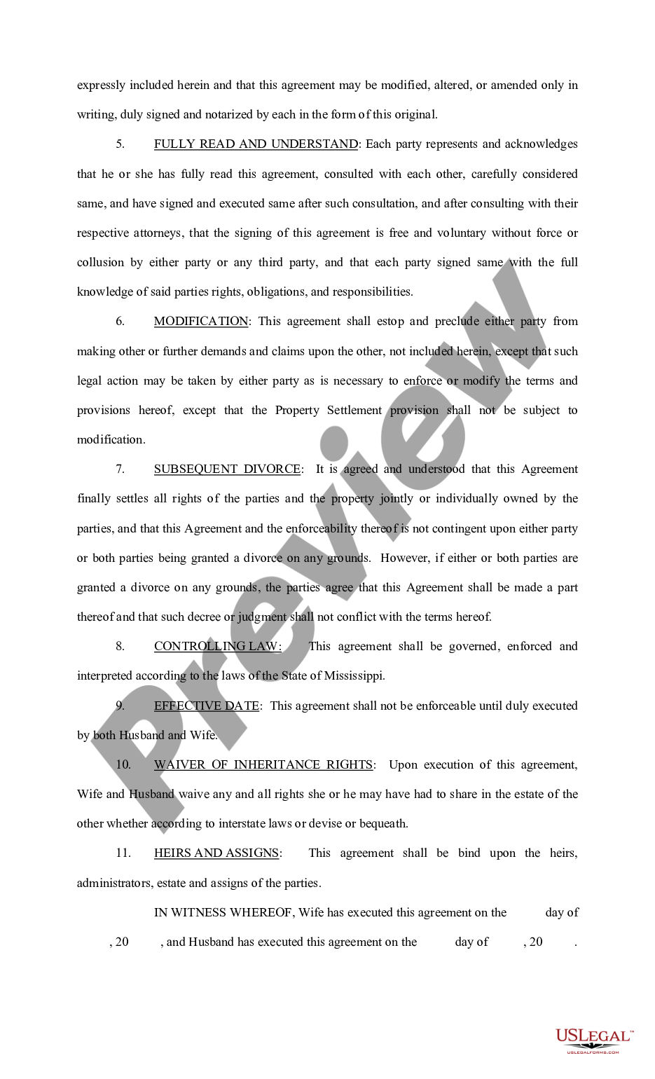 page 1 Marital Domestic Separation and Property Settlement Agreement no children preview