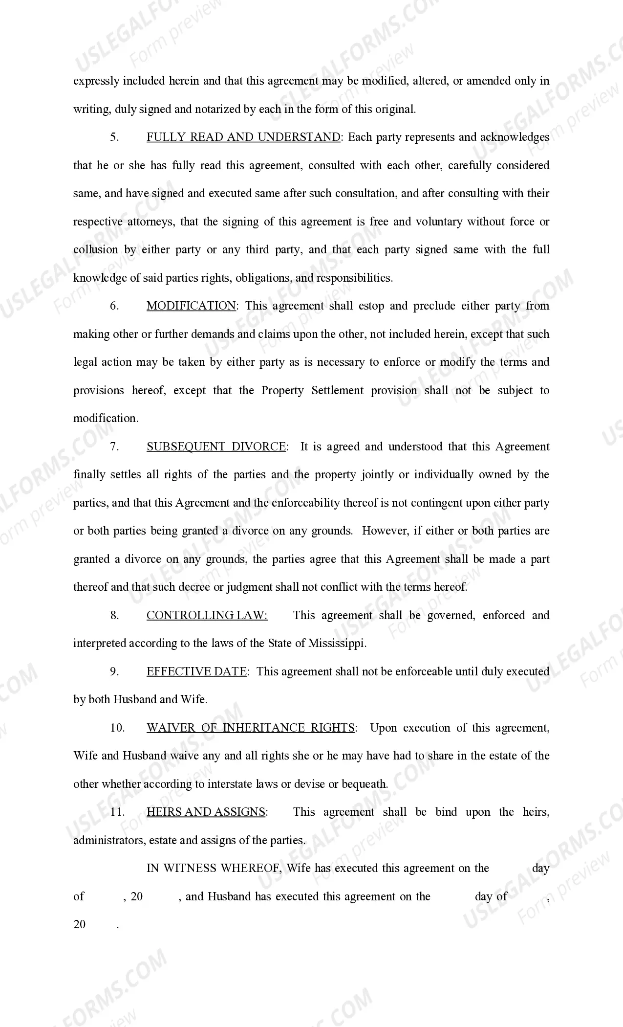 Preview Marital Domestic Separation and Property Settlement Agreement no children