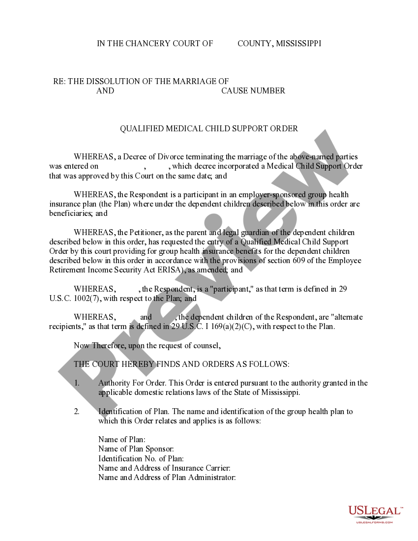 Mississippi Qualified Medical Child Support Order Mississippi Child